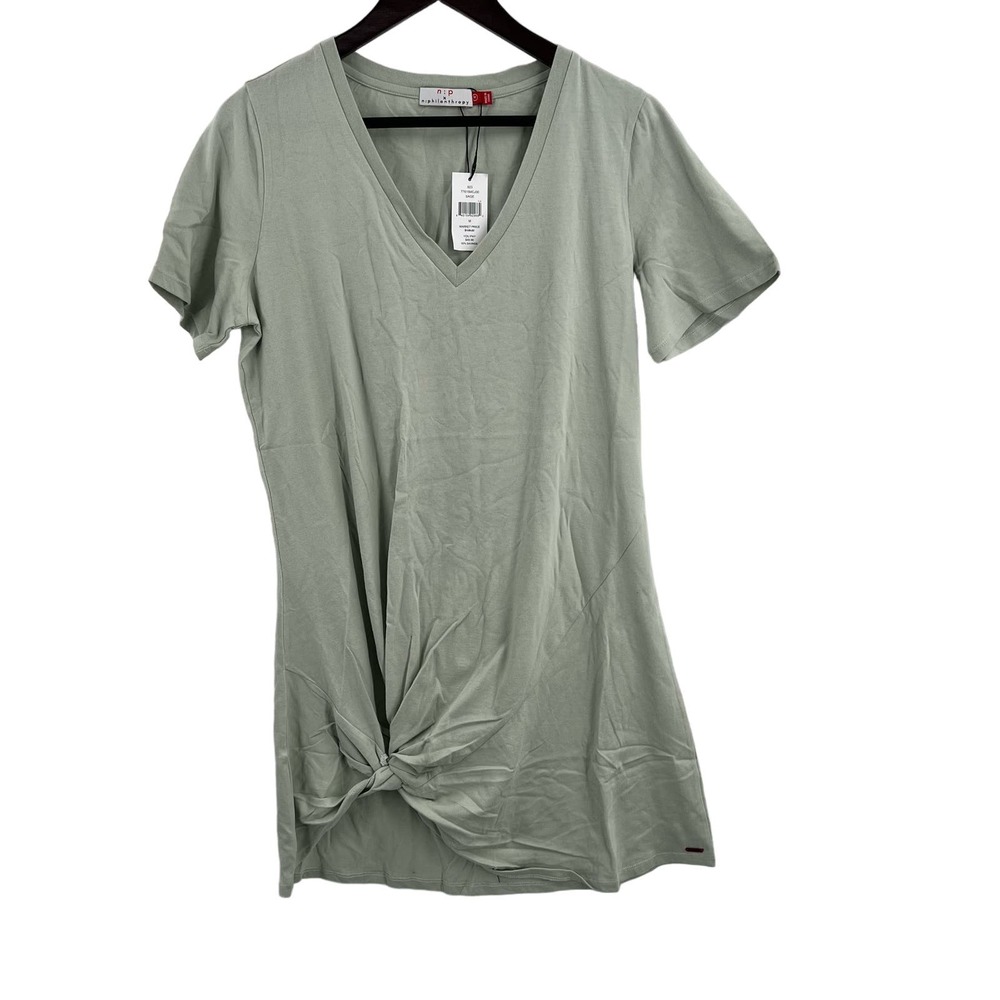 n:Philanthrophy Sage Green V Neck T-Shirt Dress Twist‎ Hem Medium New